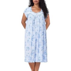 Eileen West Floral Nightgown Short Sleeve Lace Trim Blue Cotton Women's Large